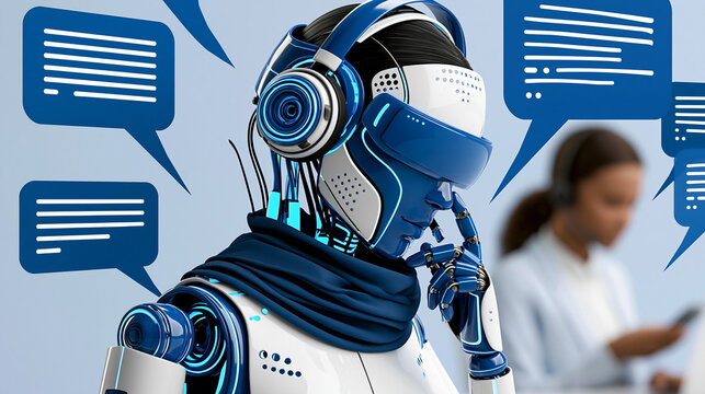 Faceless AI chat agent interacting with clients through automated communication, smart digital support for business services, with copy space
