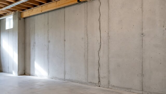 A vertical crack in a residential concrete basement wall showing signs of structural foundation damage and settling
