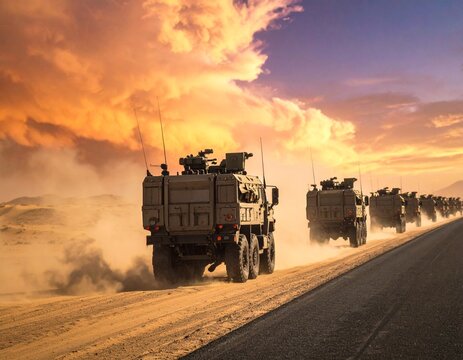 Military Convoy of Armored Vehicles Crossing Desert at Sunset