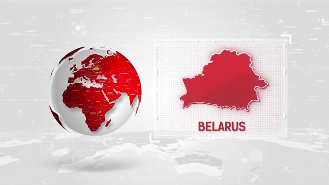 Belarus 4K Tech Map Beside Globe On White Background.