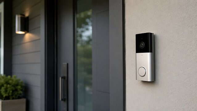 Modern smart video doorbell mounted on a house wall next to a dark gray front door entrance
