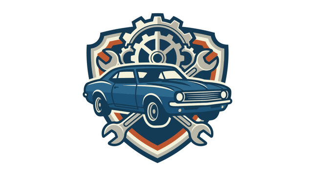 Vintage Car Emblem with Mechanical Tools and Gear Design.