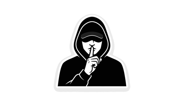 Silhouette of hooded person making silence gesture.