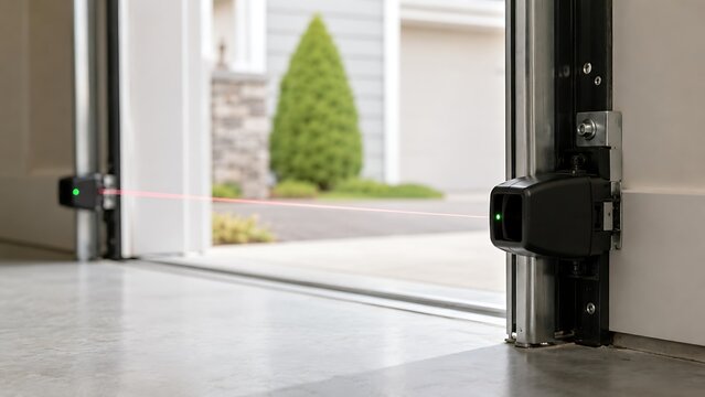 Close up view of a modern residential garage door safety sensor mounted on the wall frame