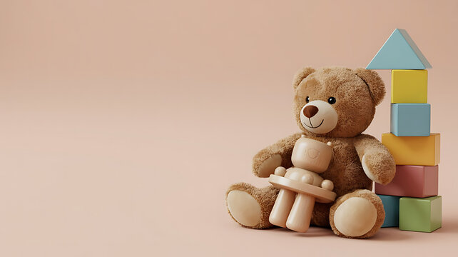 Cute teddy bear sitting next to colorful building block toys transparent background