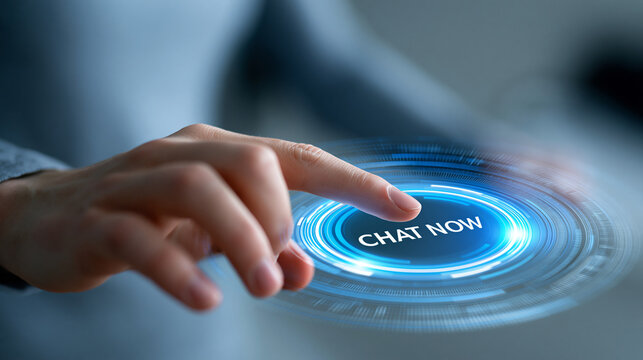 Faceless hand pressing a glowing "chat now" button on a digital interface, customer support automation concept, with copy space