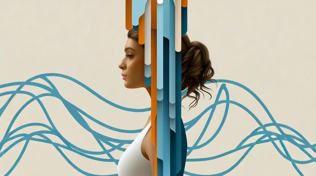 Female Profile with Contrasting Thought Clouds Representing Emotional Complexity