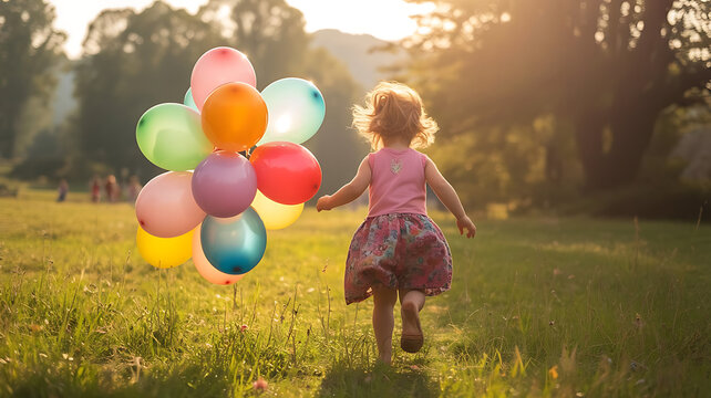 Young child running with colorful balloons in sunny grassy field transparent background