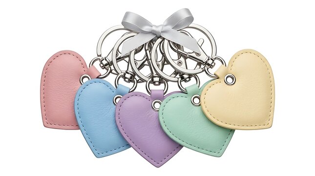 Friendship day gift concept with pastel heart shaped keychains on a white background