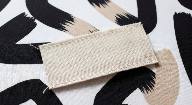Flat lay composition featuring a blank woven fabric patch with ample space for customization and branding positioned on a visually interesting abstract pattern surface with bold brushstroke