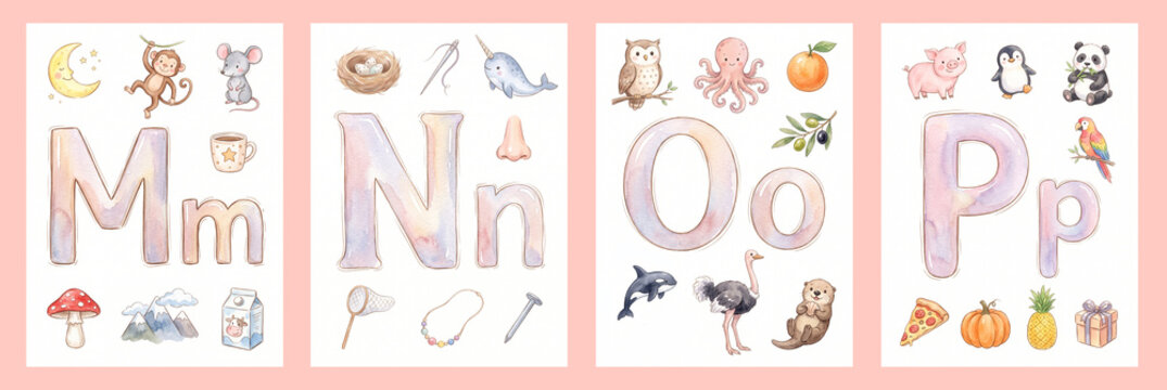 Watercolor Alphabet Letters M N O P Flashcards and Poster Set with Cute Animals and Objects for Nursery Decor, Kids Learning, and Children Education