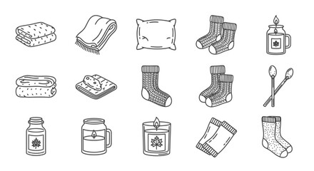 Fototapeta premium Cozy autumn home comfort icons with knit socks blankets and candles