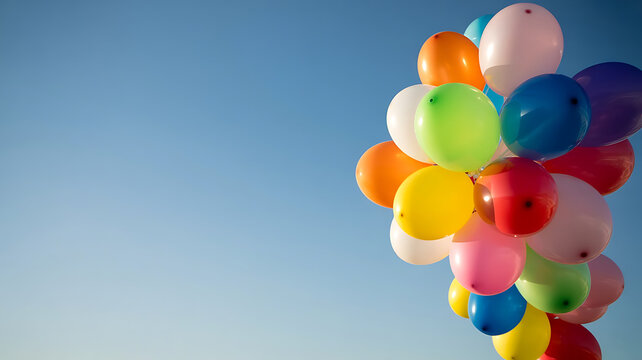 Colorful cluster of balloons floating against clear blue sky background transparent background