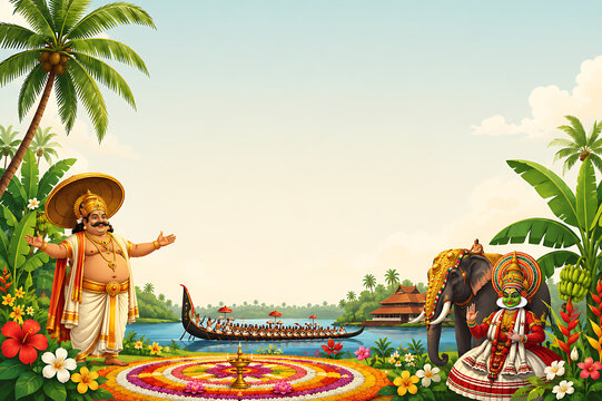 Traditional Kerala Home Decorated for Onam with Beautiful Pookalam, Oil Lamps, Fresh Flowers, and Festive Ornaments