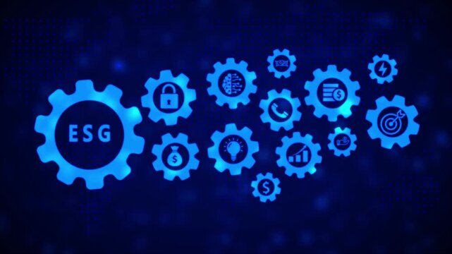 A dynamic arrangement of glowing blue digital gears and symbolizing ESG principles such as sustainability, governance, and social responsibility, set against a dark blue dotted map backdrop