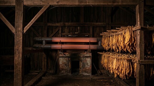 Traditional smoked meat hanging in a dark wooden smokehouse.