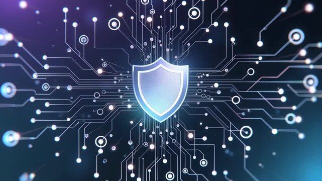 Shield icon with luminous circuit pattern in futuristic style on dark background, concept of digital security and protection