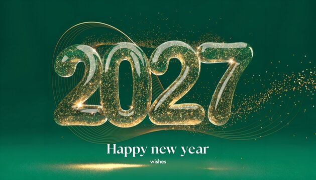 Happy New Year 2027 gold glitter text. Emerald green background with sparkling holiday numbers.