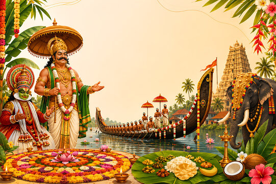Happy Onam Festival Background Featuring Onam Sadhya Feast, Banana Leaves, Coconut Trees, Kathakali Dancers, and Floral Decorations
