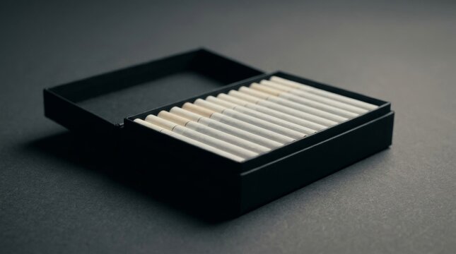 Black box filled with neatly arranged white cigarettes on a dark background.