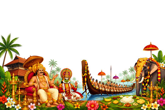 Magnificent Onam Festival Celebration with King Mahabali, Colorful Pookalam, Traditional Nilavilakku Lamp, and Kerala Cultural Heritage