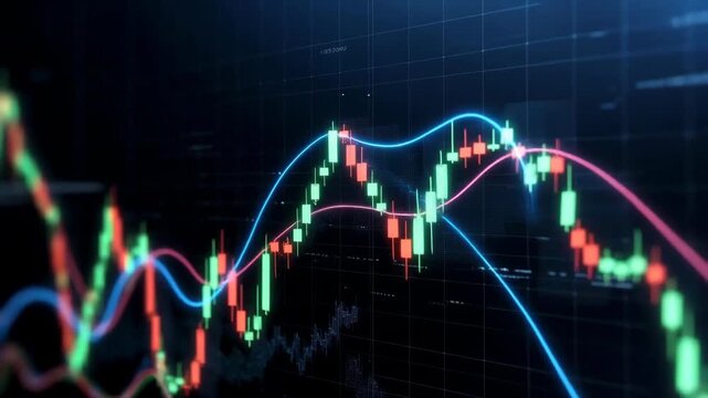 Colorful financial chart with glowing lines in digital style on dark backdrop, concept of market analysis and data trends