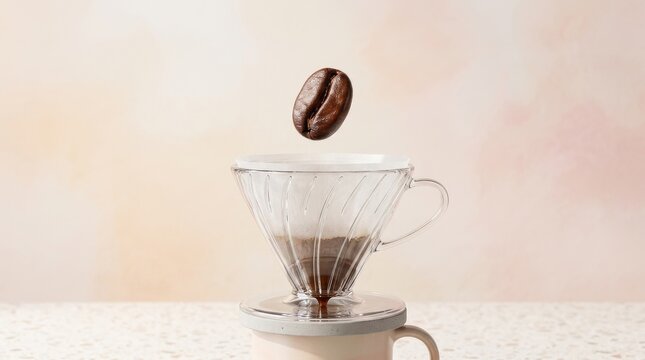 Enjoying the Rich Flavor of Single-Origin Coffee, Coffee bean floating above a pour-over brewer on a mug, ready for a fresh brew.