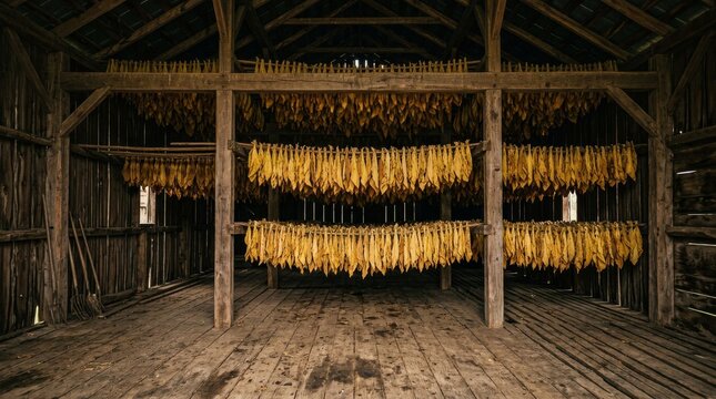 Rows of golden tobacco leaves drying inside an old wooden rustic barn.