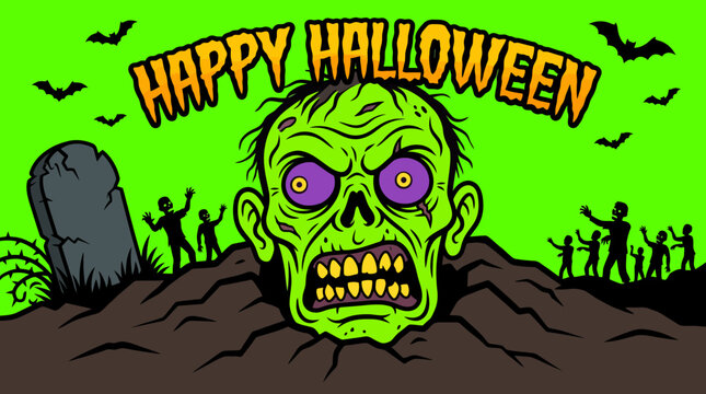 Creepy green zombie rising from the grave with bats flying in the night sky for scary holiday celebration poster banner
