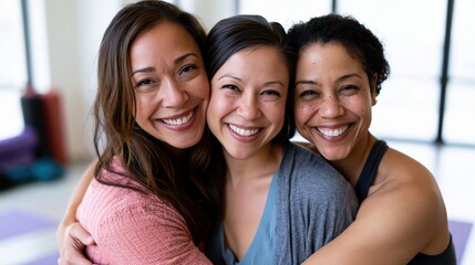Fototapeta premium Three Friends Smiling Together in a Bright Yoga Studio Setting