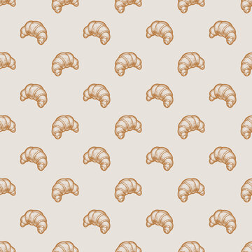 Vintage Croissant Engraving Seamless Pattern. Minimalist french bakery repeat pattern with hand drawn croissants on light beige background for bakery wallpaper, packaging, and textile.