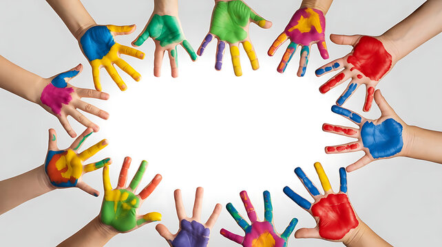 Colorful painted hands forming a circle together in unity transparent background
