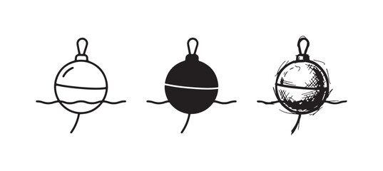 Fishing bobber icons in outline, solid, and hand-drawn sketch styles, showing a float on the water with a simple line attachment. © Ірина Гринюк