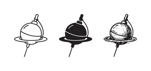 Set of three fishing bobber icons in outline, solid, and hand-drawn sketch styles © Ірина Гринюк