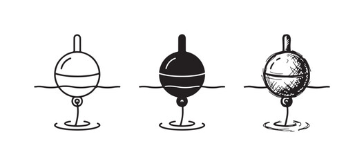 Fishing bobber icons in outline, solid, and hand-drawn sketch styles, depicting a float on the water with a hook mechanism below. © Ірина Гринюк