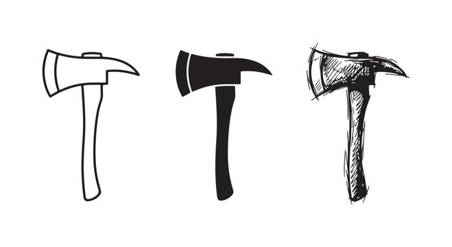 Collection of three firefighter axe icons with a medium-length handle, depicted in outline, silhouette, and hand-drawn sketch styles.
