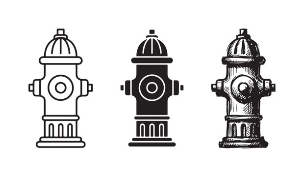 Fire hydrant icons in outline, solid, and hand-drawn sketch styles, illustrating a crucial piece of urban fire safety infrastructure.