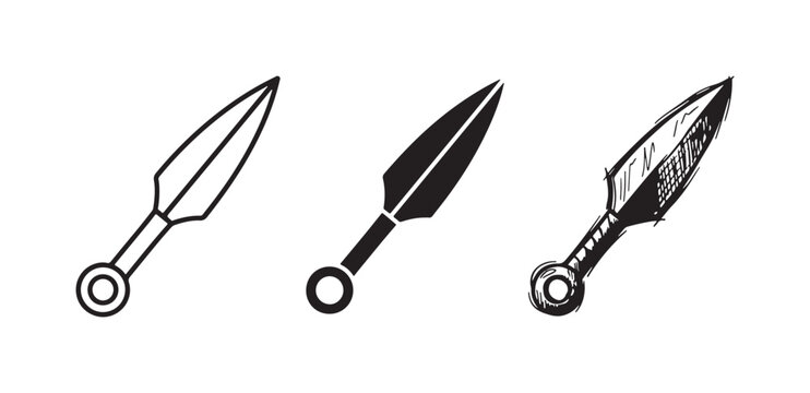 Three styles of a kunai throwing knife icon, featuring outline, solid silhouette, and detailed hand-drawn sketch variations