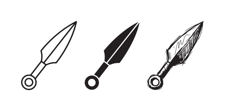 Three styles of a kunai throwing knife icon, featuring outline, solid silhouette, and detailed hand-drawn sketch variations