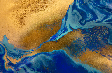 Abstract Original Hand Drawn Blue Artwork Liquid Inks Illustration with Gold Glitter Text Space. © Anna Babii