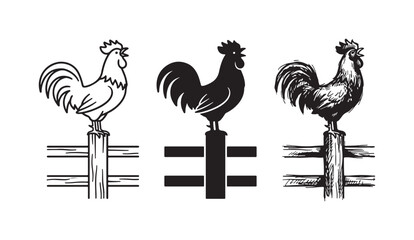 Three artistic styles of a rooster perched on a fence post, depicted as an outline, a solid black silhouette, and a detailed hand-drawn sketch © Ірина Гринюк
