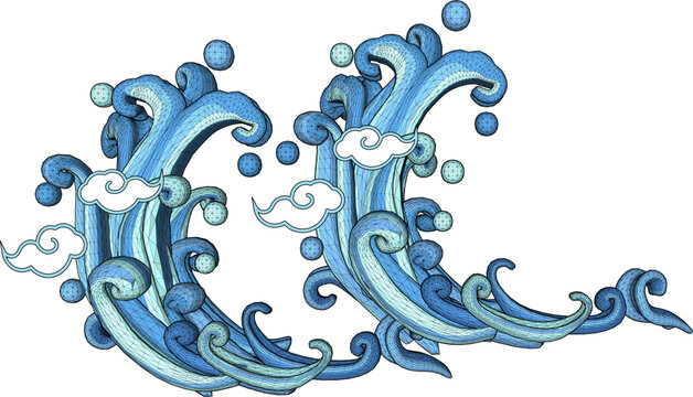 Technical 3D rendering of oriental water wave curls with stylized sea spray and clouds, displayed in multiple isometric views for game level design