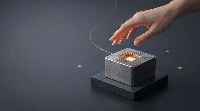 Human hand reaching toward futuristic metallic cube device glowing with soft warm interior light with minimalist grey background center against minimalist