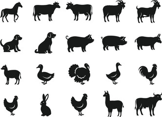 Fototapeta premium Collection of black and white farm animals silhouettes isolated on transparent background