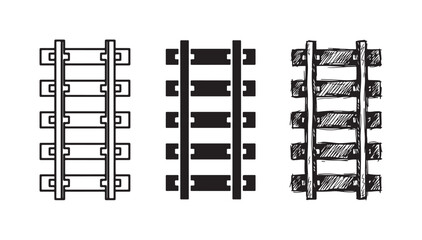 Assortment of railway track illustrations, featuring outline, solid black, and hand-drawn sketch versions, for train and travel themes. © Ірина Гринюк