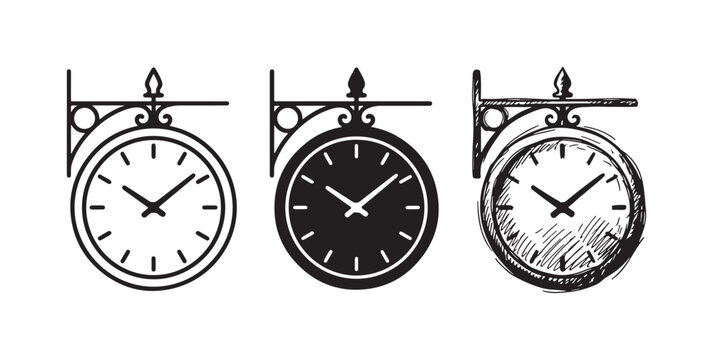Set of vintage wall clocks, depicted in outline, solid silhouette, and hand-sketched styles, suitable for depicting time or antique decor.