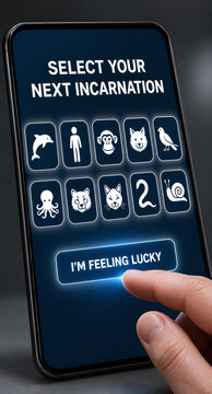Futuristic reincarnation simulator interface on smartphone screen with user&rsquo;s finger over digital menu of human and animal icons and a random selection button, sci‑fi character transformation concept