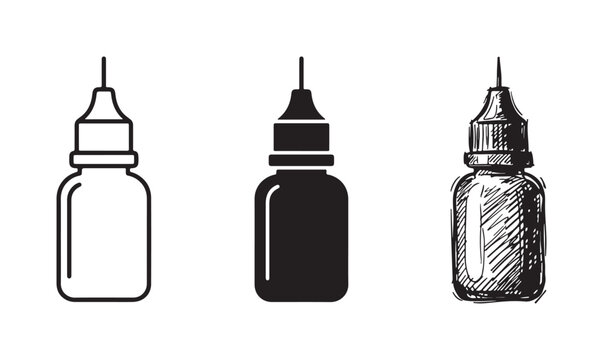 Set of e-liquid dropper bottle icons in outline, solid black, and detailed hand-drawn sketch styles