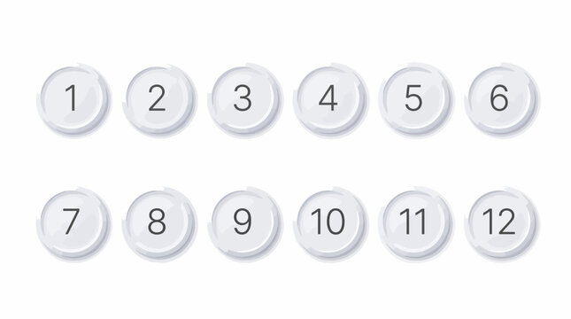 Twelve minimalist round grey button icons displaying numbers one to twelve sequentially, illustrating sequential steps or representing multiple ranking options