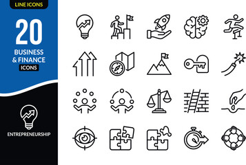 Fototapeta premium Set of twenty thin line business strategy icons representing management planning growth and corporate development concepts